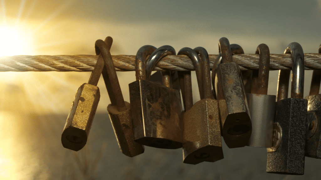 Several padlocks hanging on a rope with the sunrise on the background