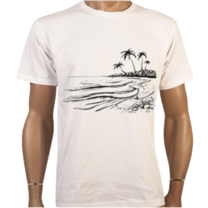 Beach Please T-Shirt featuring a tropical island sketch on the front and bold "Beach Please" print on the back, made from 100% combed cotton.