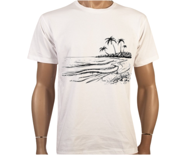 Beach Please T-Shirt featuring a tropical island sketch on the front and bold "Beach Please" print on the back, made from 100% combed cotton.