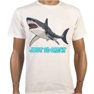 Funny Shark T-Shirt featuring a fierce shark illustration and "Just So Great" text. Made from 100% combed cotton, lightweight and breathable for ocean lovers