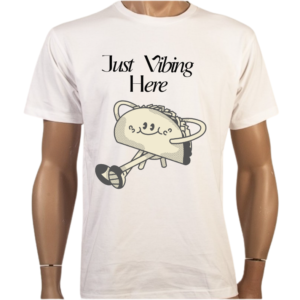 Funny Taco T-Shirt featuring a smiling taco character and "Just Vibing Here" text. Made from 100% combed cotton, lightweight and breathable for casual wear.